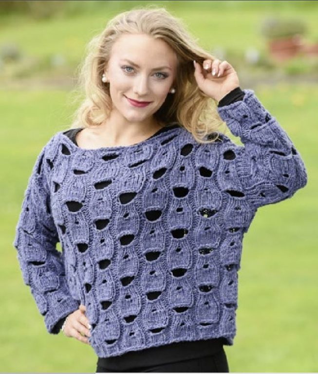 Blauer Kastenpulli mit Durchbruchmuster schriftliche Anleitung im Fachgeschäft so lange der Vorrat reicht oder hier: https://www.crazypatterns.net/de/items/17805/blauer-kastenpulli-mit-lochmuster?ref=VeronikaHug