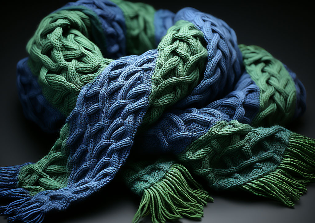 Wollopus Knitted Scarf With Pattern In Gras Green And Indigo