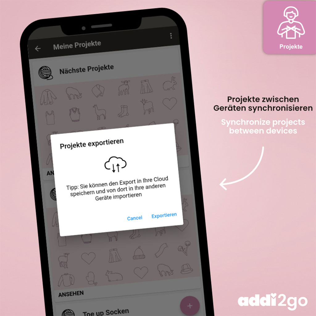 Addi2go Projekte Exportieren Synchronisieren